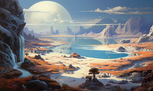 alienscape caldera , by jay thornton, in the style of enigmatic tropics, konica auto s3, ed mell, michael malm, cyan and beige, new topographics --ar 5:3 --v 5.2