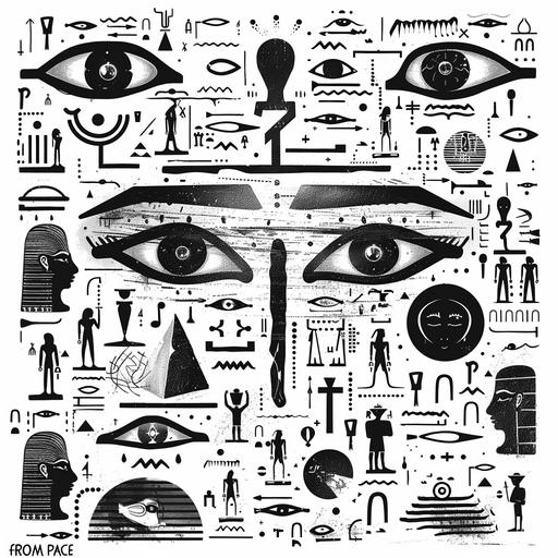 all the eyes must be perfect circles, BLACK ON WHITE HIEROGLYPH WITH BUBBLY EYES CHARACTERS INSPIRED BY 