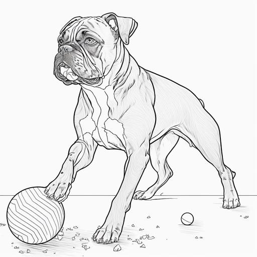 all white simple lineal drawing boxer dog play with ball coloring book