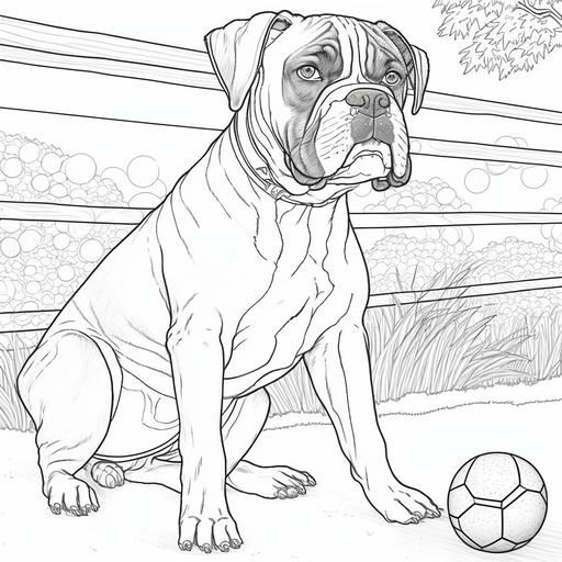 all white simple lineal drawing boxer dog play with ball coloring book