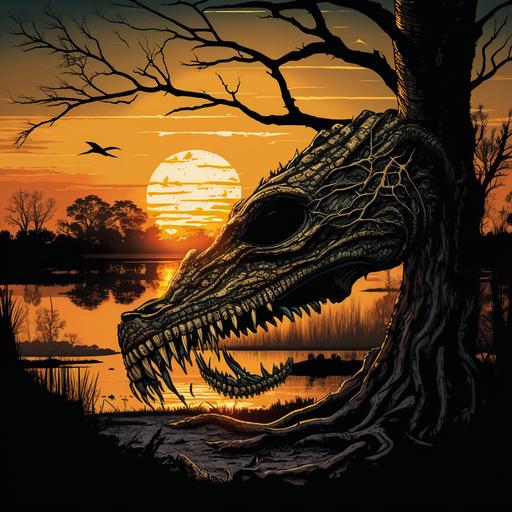alligator, alligator skull, crocodile skull, cypress trees, graphic novel, ultra high resolution, sunset