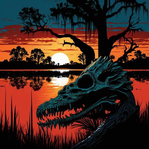 alligator skull, cypress trees, sunset, graphic novel, ultra high resolution, vibrant, dark