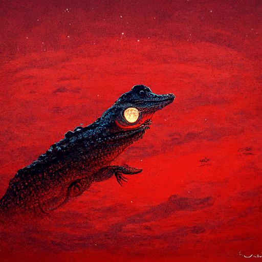 alligator wear red shirt hold a shot gun and background is the moon