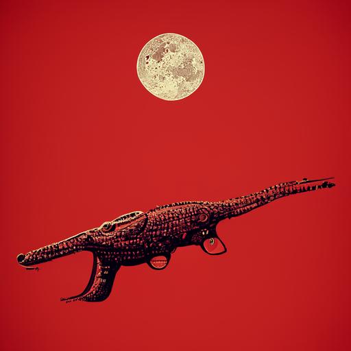 alligator wear red shirt hold a shot gun and background is the moon