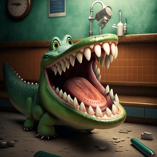 alligator with mouth wide open for a dentist to clean its teeth, for a kids book