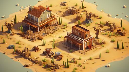 almost flat isometric close up view of a strategy videogame map, 3d cartoony assets, western theme, wild west under construction house --ar 16:9