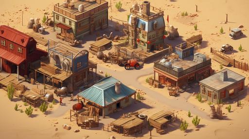 almost flat isometric close up view of a strategy videogame map, 3d cartoony assets, western theme, wild west under construction house --ar 16:9