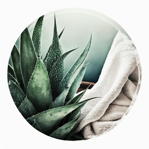 aloe and towel mood picture in a circle whiite background