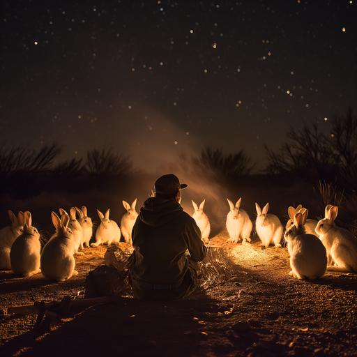 alone in the dark on a long stretch of road in the middle of the nullabor a man bends down and shines his torch on a crowd of rabbits hosting a game of poker at their desert garage sale - Image #2  --v 6.0 --s 250 --style raw
