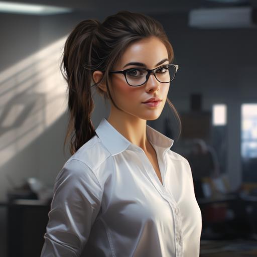 alpha girl, brunette, caucasian, developer, current, journalist, smart, logical, humanity, photo, person, female, hyper realism, nerd, a ponytail hair style, photo reality --v 5.2