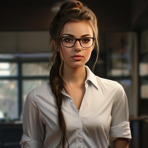 alpha girl, brunette, caucasian, ex-developer, current journalist, 20s. smart, logical, humanity, photo, person, female, hyper realism, nerd, a ponytail hair style, photo reality --v 5.2