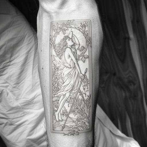 alphonse mucha style tattoo of woman cross country skiing in rectangular frame, 60's style clothing. depict tattoo on man's inner forearm. Tattoo has no color and is linework only --v 6.0