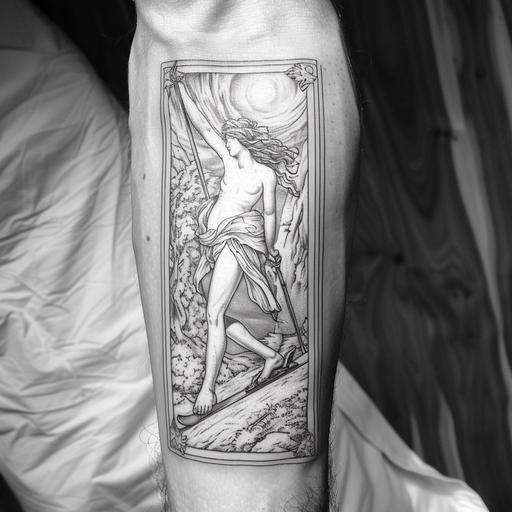 alphonse mucha style tattoo of woman cross country skiing in rectangular frame, scandinavian winter clothing. depict tattoo on man's inner forearm. Tattoo has no color and is linework only --v 6.0