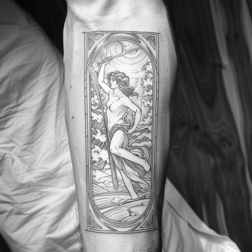 alphonse mucha style tattoo of woman cross country skiing in rectangular frame. depict tattoo on man's inner forearm. Tattoo has no color and is linework only