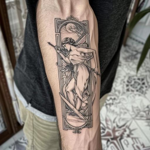 alphonse mucha style tattoo of woman cross country skiing in rectangular frame. depict tattoo on man's inner forearm. Tattoo has no color and is linework only