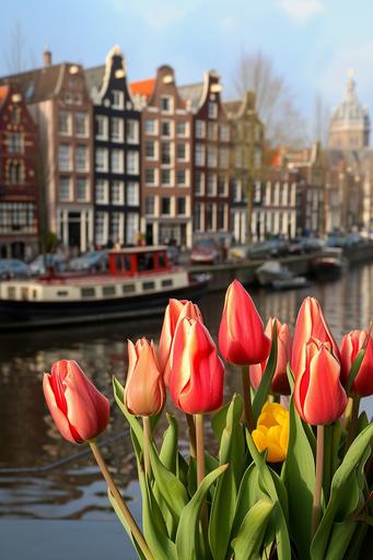 als de lente komt dan stuur ik jou tulpen uit Amsterdam, als de lente komt dan geef ik jou tulpen uit Amsterdam, duizend gele, duizend rooie, wensen jou het aller mooiste, wat mijn mond niet zeggen kan, zeggen tulpen uit amsterdam, tulip --v 6.0 --style raw --ar 2:3
