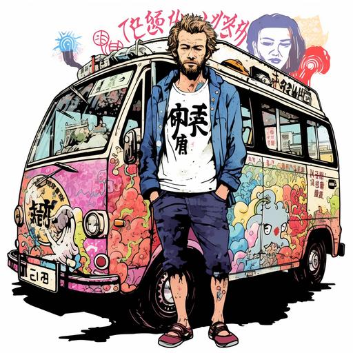 logo of jamie hewlett version of bearded short curly haird Heath Ledger wearing street style hiphop clothes in A Japanese great wave urban environment with a japanese graffiti-covered Minicab kei-van with a surfboard and skies on the roofracks of the kei-van , anime style 4k