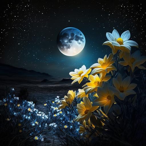 perra de color amarilla,raza pincher,orejona,cara tierna,cola enrrollada,suelo de hiervas suave,con flors pequeñas de color blanco,cielo azul nocturno con estrellas y una luna llena