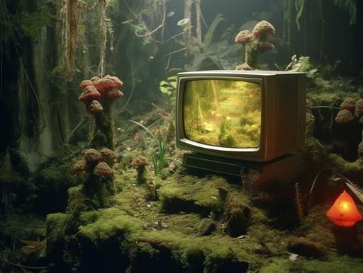 an 80s TV set environment overgrown with mold fungus moss, 16mm film, 35mm lens, grainy, VHS --ar 4:3