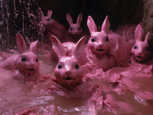 cursed bunny characters in a paddling pool of pink slime, 16mm film, 35mm lens, grainy, VHS, John Carpenter style --ar 4:3
