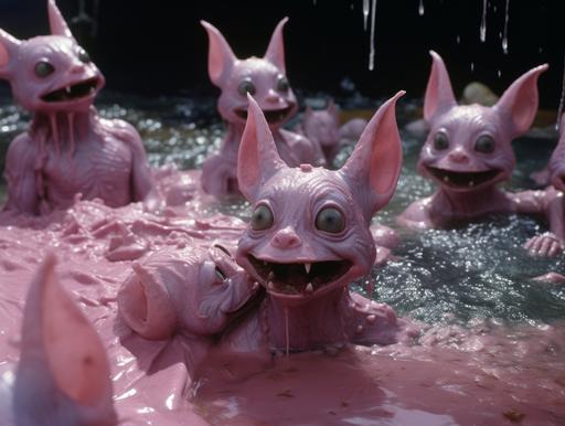 goblin rabbit characters in a paddling pool of pink slime, 16mm film, 35mm lens, grainy, VHS, John Carpenter style --ar 4:3