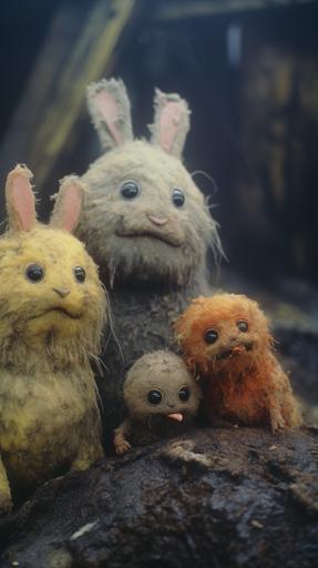 mouldy dust bunny characters on a slimey sponge, David Lynch style, 16mm film, VHS, grainy 35mm lens --ar 9:16