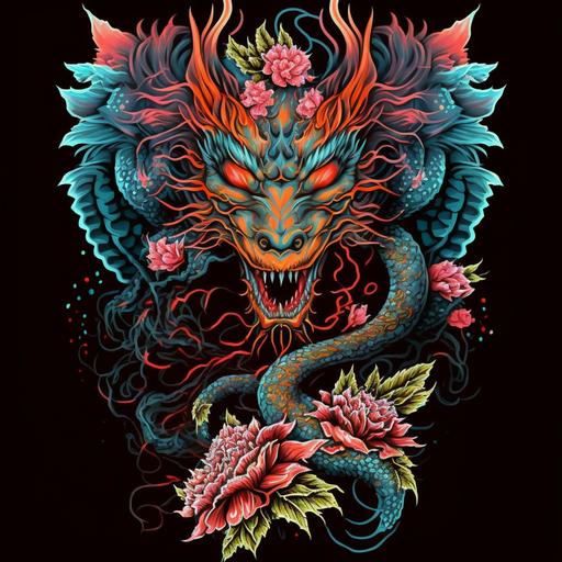 amazing and feminine graphic design for chinese dragon T-shirt on black background --q 2 --v 4