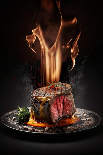 amazing sirloin steak on hot plate, food photography, ultra detail, --ar 2:3