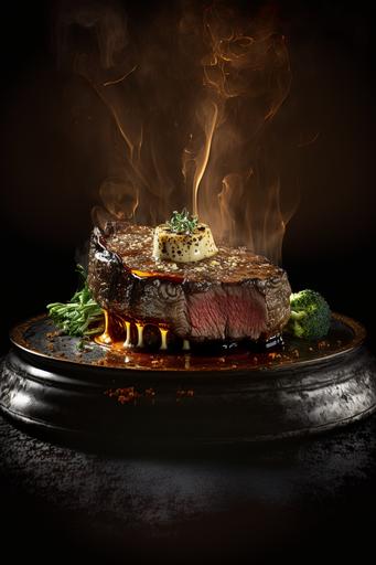 amazing sirloin steak on hot plate, food photography, ultra detail, --ar 2:3