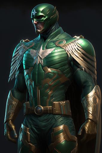 captain america in futuristic green suit with gold eagle logo on chest, standing in square, full body, unreal engine, very detailed, realistic, --ar 2:3 --v 4