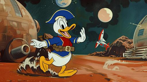 american donald duck space pirate as a cartoon by walt disney from golden-age animation year 1937 --ar 16:9 --no close up, zoom in --s 50