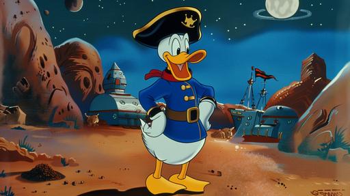 american donald duck space pirate as a cartoon by walt disney from golden-age animation year 1937 --ar 16:9 --no close up, zoom in --s 50