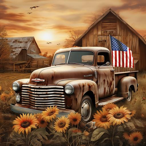 american flag, eagle, barn, sunflower, old chevy truck, cow skull, wooden fence
