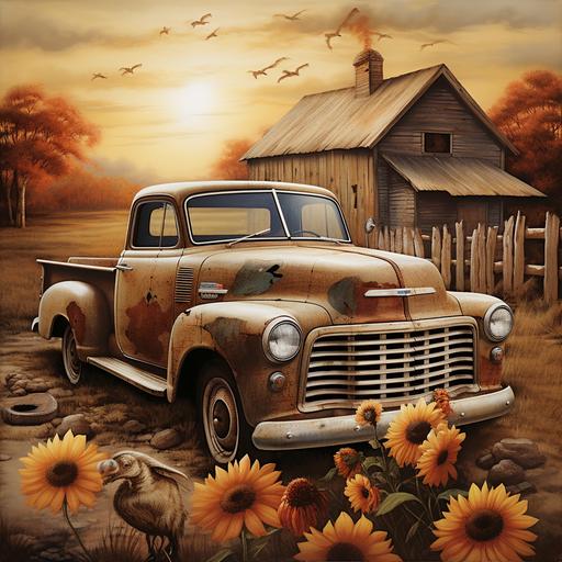 american flag, eagle, barn, sunflower, old chevy truck, cow skull, wooden fence