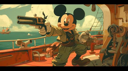 american mickey mouse space pirate as a cartoon by walt disney from golden-age animation year 1937 --ar 16:9 --no close up, zoom in --niji 6
