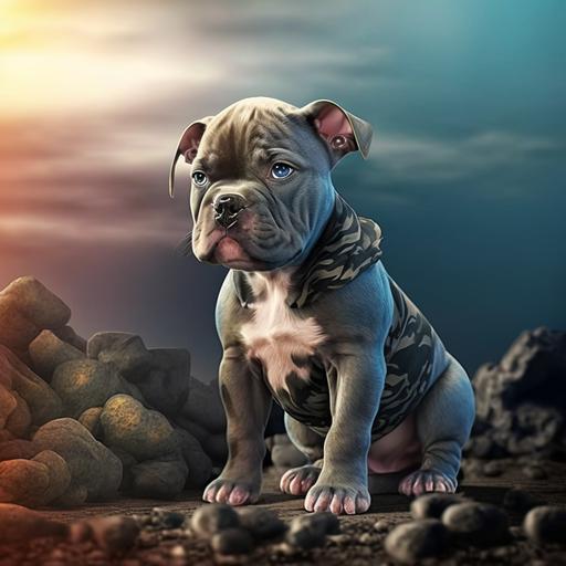 american pocket bully puppy, blue with big muscels camouflage army, Background battlefield background, HDR HD 24k