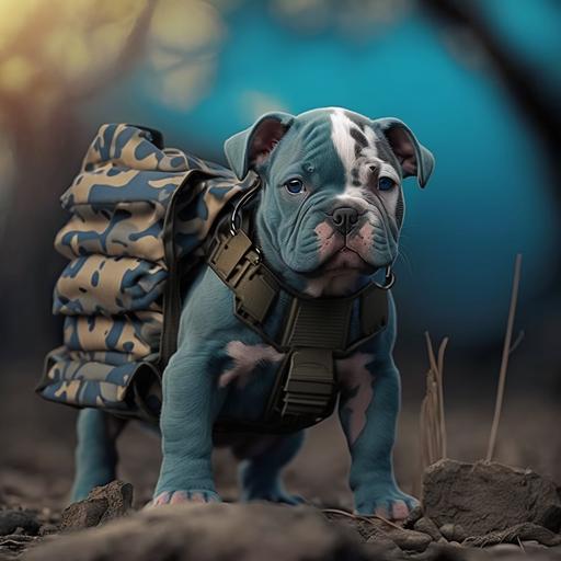 american pocket bully puppy, blue with big muscels camouflage army, Background battlefield background, HDR HD 24k