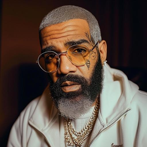 american rapper Drake looks like an 80 year really old grandpa, with a lot of wrinkles on his face --v 6.0