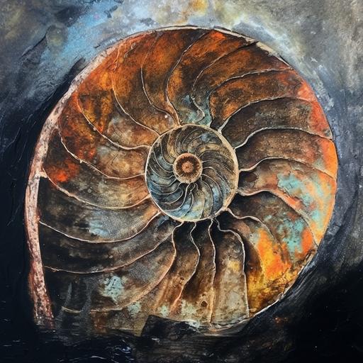 ammonite in shale, prehistoric snail shell, iridescent dark gray, encaustic paint, close-up