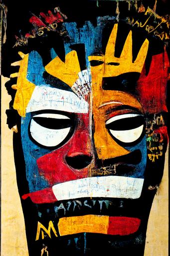 tapestry African masks, vibrant colors  by  jean michel basquiat --ar 2:3