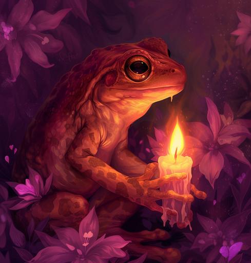 amphibian holding a candle by angelaadailyaha, in the style of dark amber and magenta, genderless, crystalcore, flower power, caninecore, caffenol developing, 1st version --ar 61:64 --v 6.0 --style raw