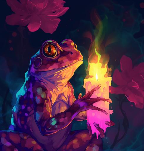 amphibian holding a candle by angelaadailyaha, in the style of dark amber and magenta, genderless, crystalcore, flower power, caninecore, caffenol developing, 1st version --ar 61:64 --v 6.0 --style raw