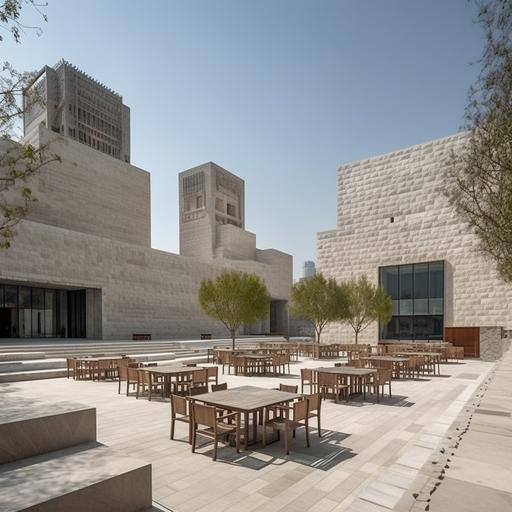 amphtheater, stone paving, In the center, and mosque on the side, cafes with outdoor seating, creating a vibrant and lively atmosphere sleek and modern architecture of the buildings, with large windows and terraces overlooking the courtyard, interconnected pavilions, daylight, traditional Qatari mashrabiya screens, modern people clothes and equipment, year 2022, Photography high angle, entirety of the amphtheater and surrounding buildings, showcasing the project's design and beaut --v 5 --s 750