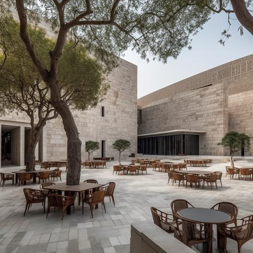 amphtheater, stone paving,lush greenery and trees and palm trees surrounding it, In the center, and mosque on the side, cafes with outdoor seating, creating a vibrant and lively atmosphere sleek and modern architecture of the buildings, with large windows and terraces overlooking the courtyard, interconnected pavilions, daylight, traditional Qatari mashrabiya screens, modern people clothes and equipment, year 2022, Photography high angle, entirety of the amphtheater and surrounding buildings, showcasing the project's design and beaut --v 5 --s 750