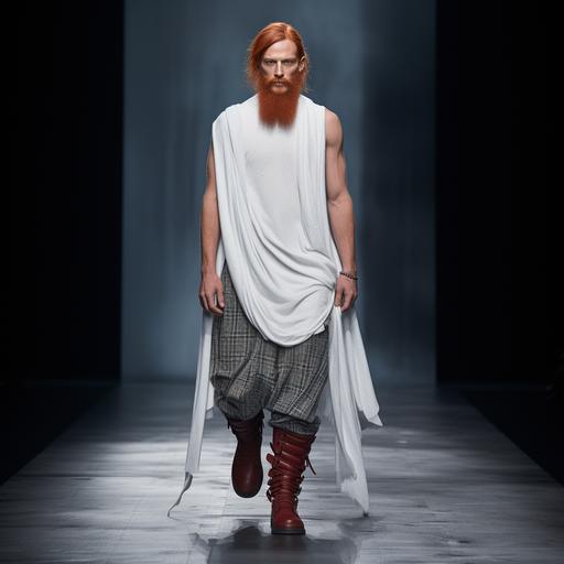 make a modern set for a man wearing a wrap around skirt , white tanktop and high boots with woolen socks. make it photorealistic and the man walks on a catwalk. minimal styling, red hair