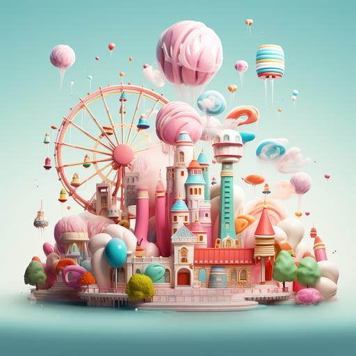 amusement park made form lollipop, candy, strawberry, melon, Ferris wheel, roller coaster made form water,wonderland, pastel color, advertising media