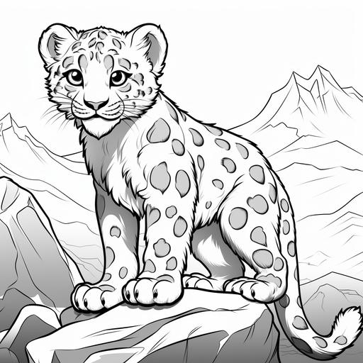 coloring page for kids, Snow Leopard, cartoon style, cute feeling, thick line, low detail, no shading-- ar 9:11