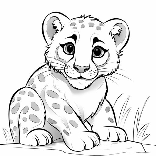 coloring page for kids, Snow Leopard, cartoon style, thick line, low detail, simple, no shading-- ar 9:11