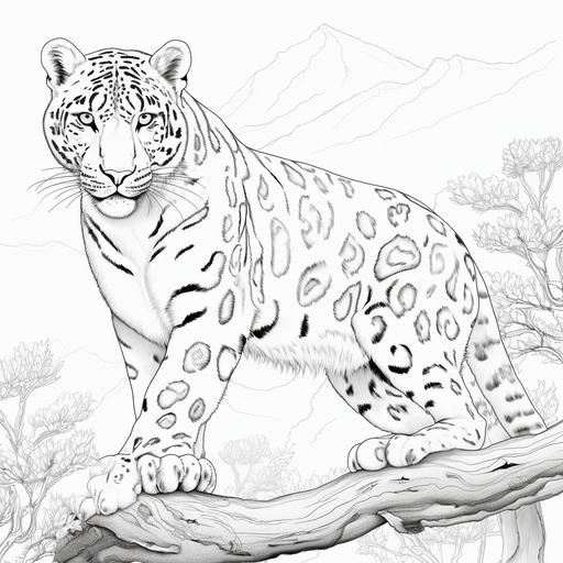 coloring page for kids, Snow Leopard, cartoon style, thick line, low detail, no shading-- ar 9:11