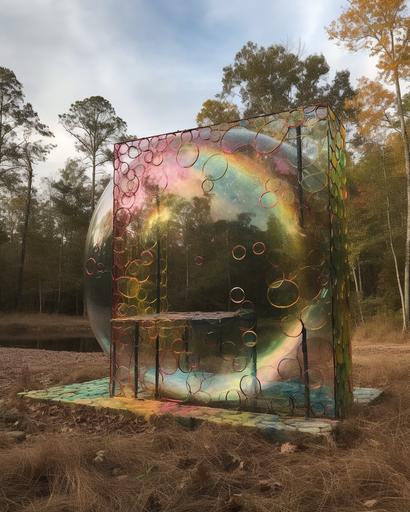 an 🥚- floating soap bubble sculpture displaying acid-trip elements within a southern gothic dimension with the vision of denis villneuve --chaos 9 --s 666 --ar 4:5 --q 2 --v 5